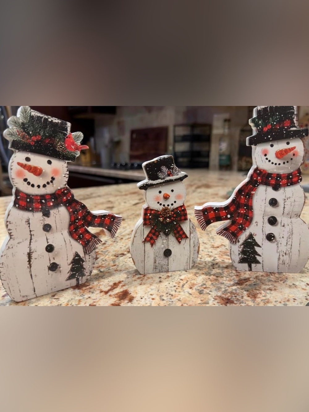3pk Rustic White Wooden Snowman Figure with Red Plaid Scarf - Home Holiday Décor